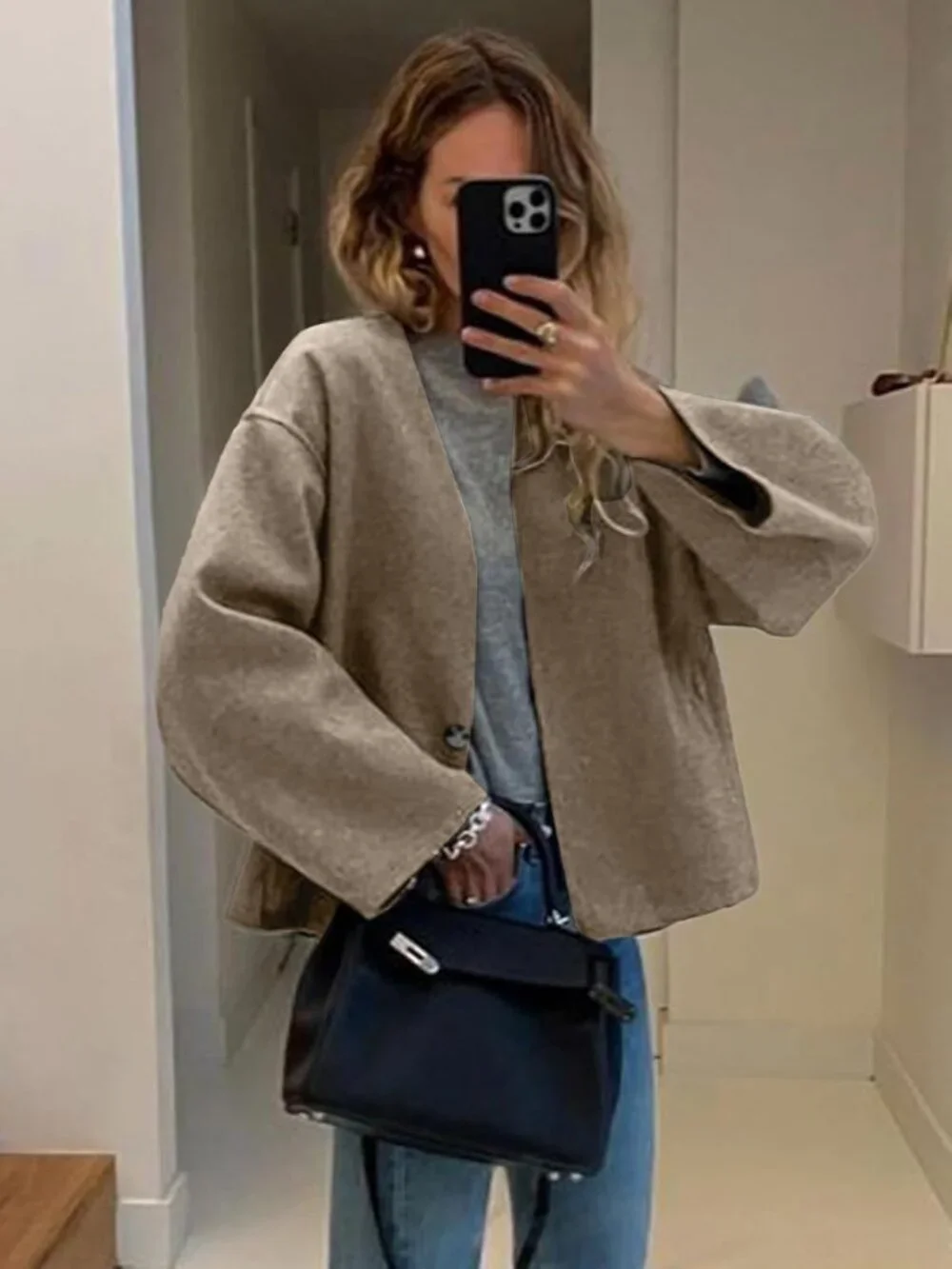 Women's Khaki Wool Blend Cropped Collarless Long Sleeve Short Fall Pea Overcoat